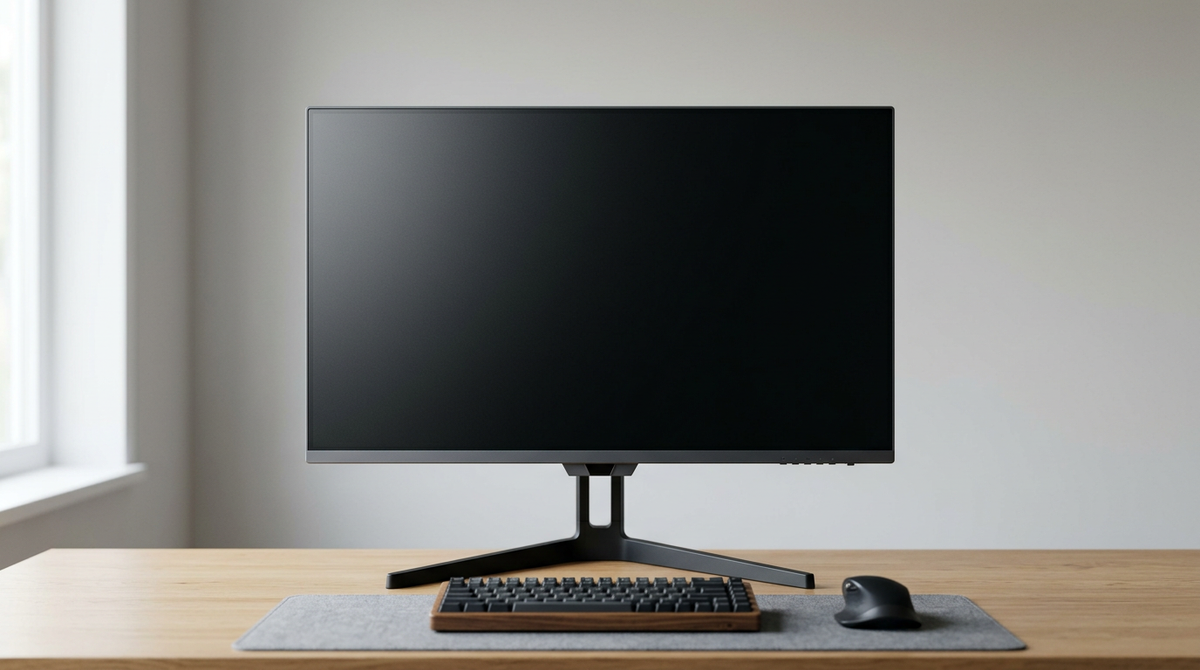 A budget 27-inch 1440p 200 Hz gaming monitor on a clean desk with visible ports and stand adjustment