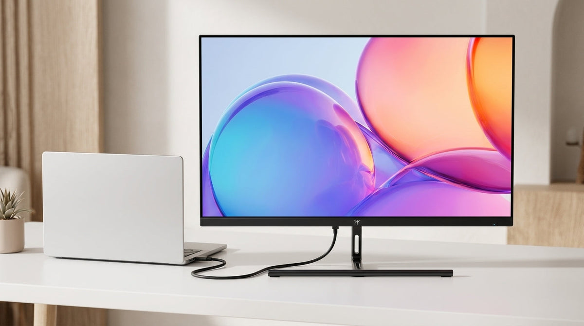 USB-C monitor connected to a laptop showing a clean single-cable desk setup