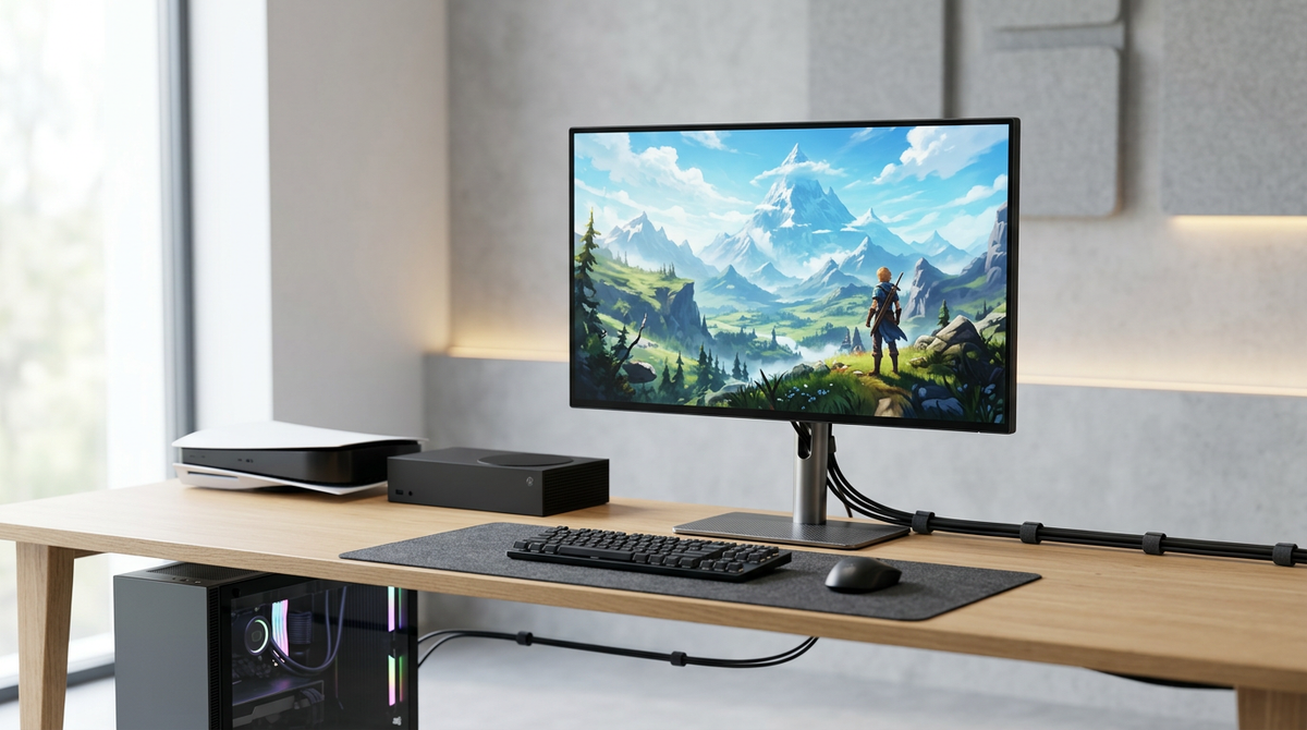 A high-end gaming monitor on a clean desk setup connected to multiple gaming consoles and a PC tower with organized cables.