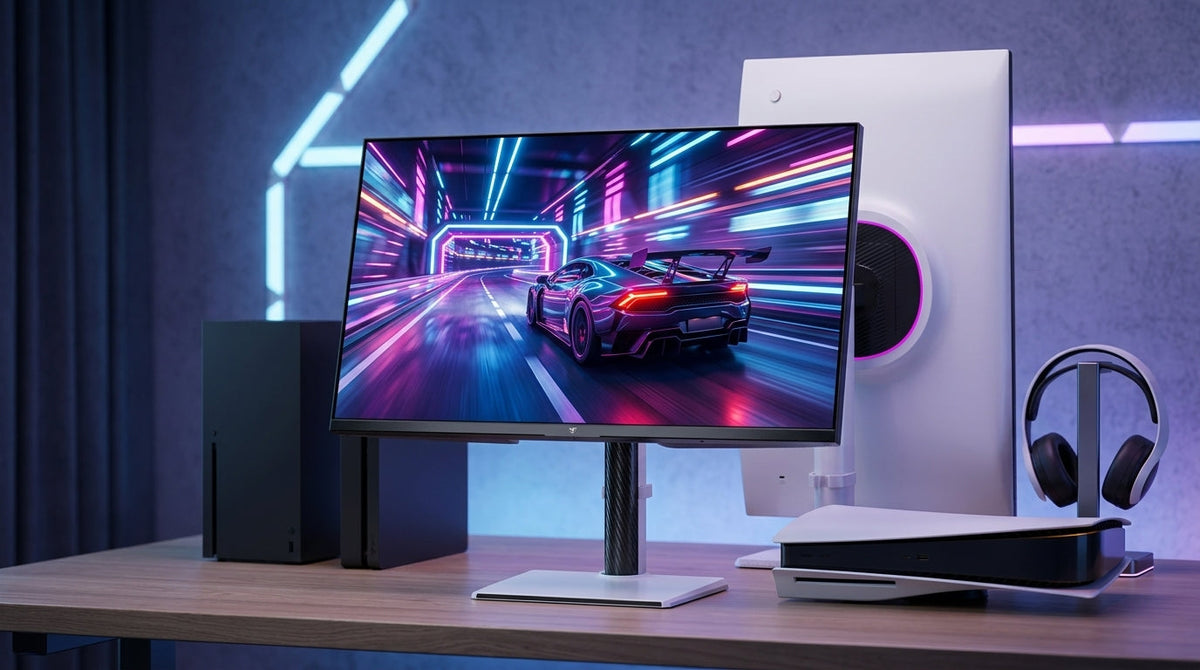 A high-performance 27-inch 4K gaming monitor on a clean desk setup with modern gaming consoles and vibrant lighting.