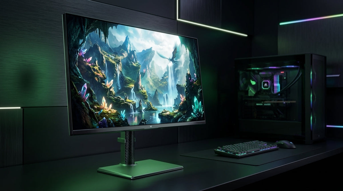 A cinematic 4K gaming monitor displaying a lush, detailed landscape with smooth motion blur, set in a dark room with ambient cyan and green lighting.