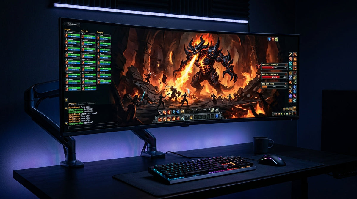 A KTC H49S66 ultrawide curved monitor displaying a clean MMO raid interface with organized health frames and a clear central view of a dark fantasy boss battle.