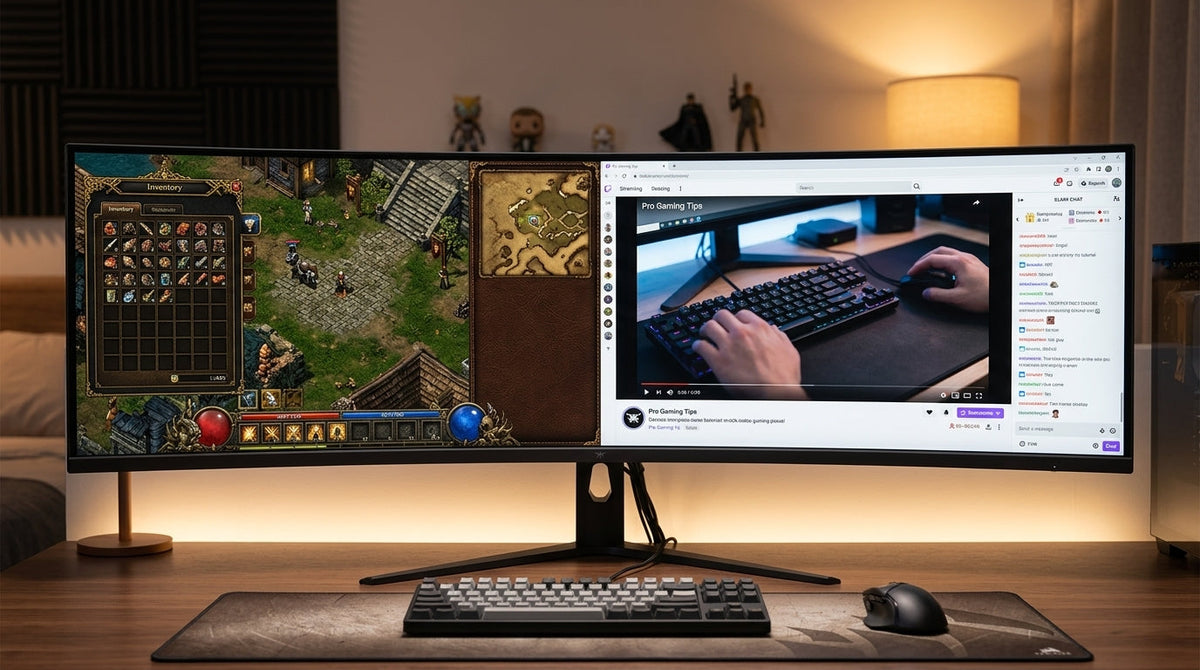 A large curved ultrawide monitor on a cozy gaming desk showing a split-screen view with fantasy MMORPG gameplay on the left and a video player on the right.