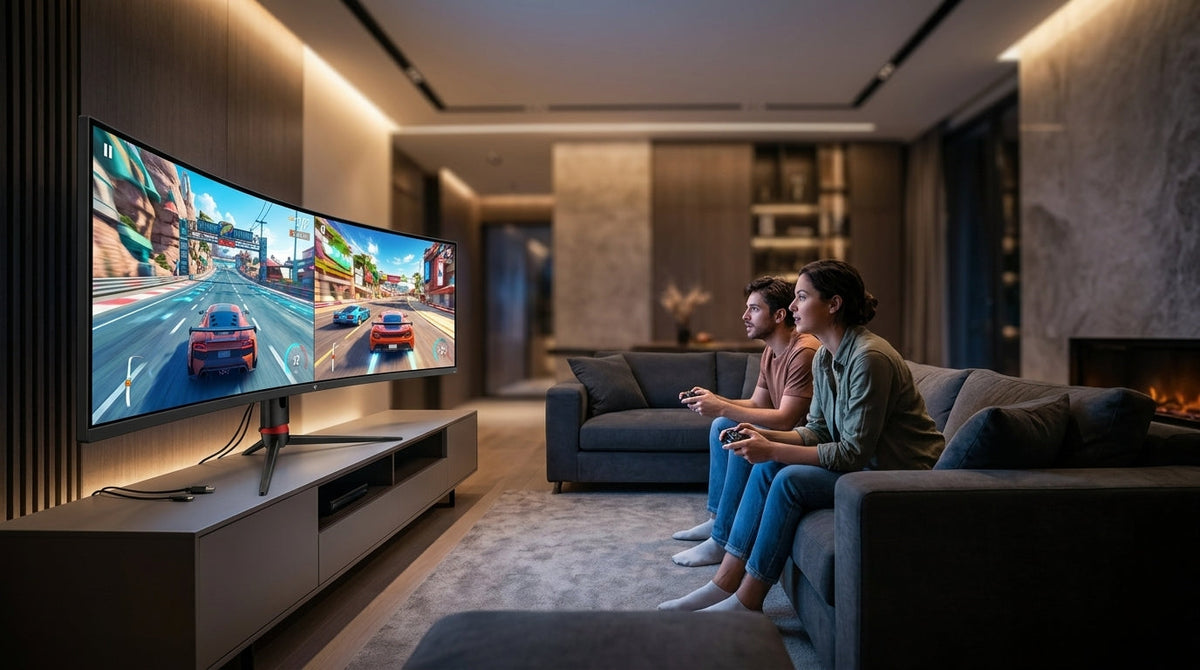 Two people sitting on a living room sofa playing a split-screen racing game on a large KTC H49S66 49-inch super ultrawide gaming monitor from a distance of six feet.