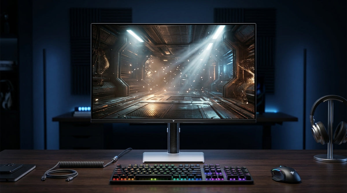 A professional VR developer workstation in a dark room featuring a 27-inch 4K monitor displaying a vibrant Unreal Engine 5 scene with realistic lighting and high-fidelity geometry.
