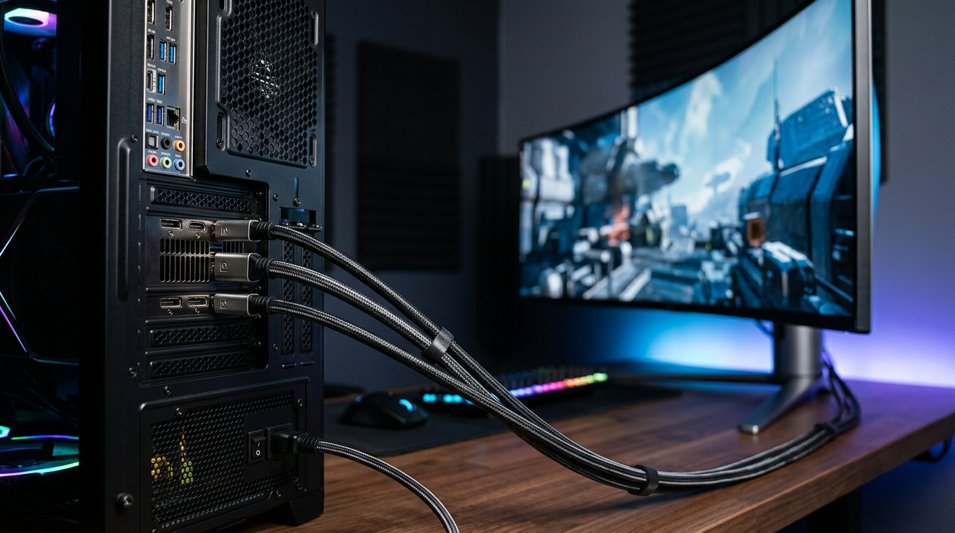 A futuristic 2026 high-end gaming PC setup featuring a powerful graphics card connected to a premium 4K 240Hz gaming monitor, with a focus on high-speed cable connections and a clean, RGB-lit aesthetic.