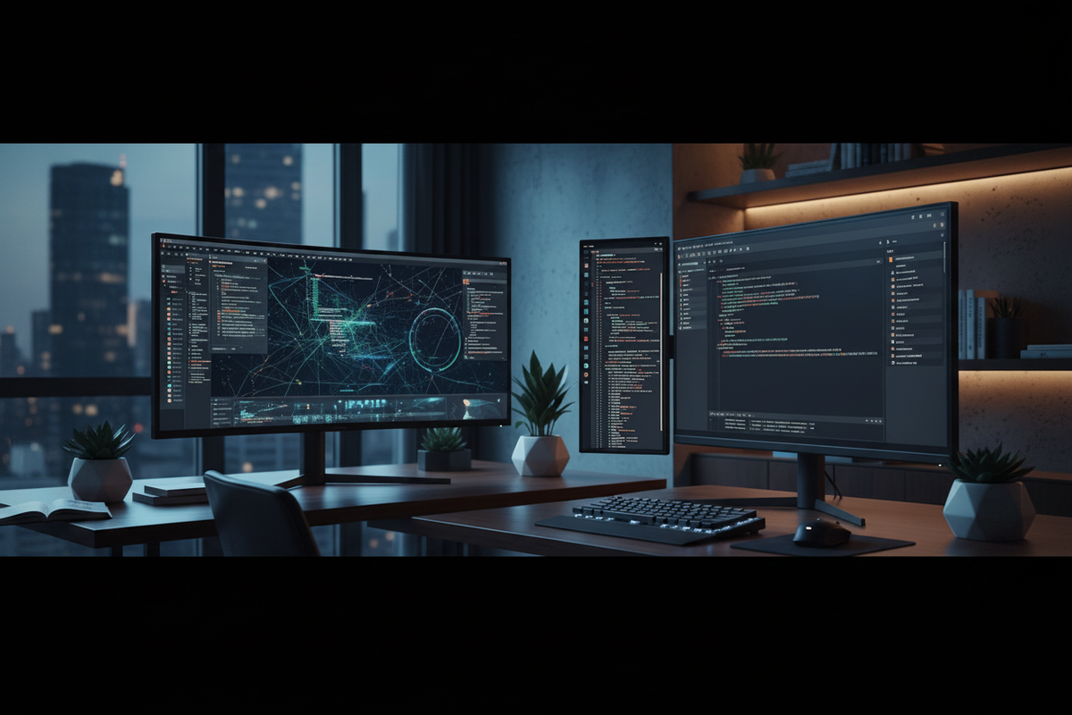 A dramatic side-by-side comparison of a large monitor and a dual monitor setup on a modern developer desk in a clean home office.