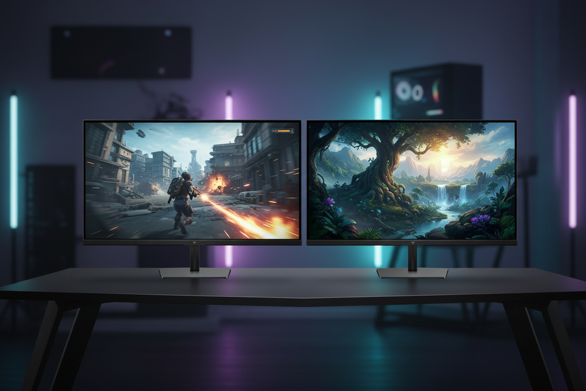 A side-by-side comparison of two gaming monitors: one displaying a fast-paced esports game with sharp motion and the other a detailed 4K RPG landscape with vibrant colors.