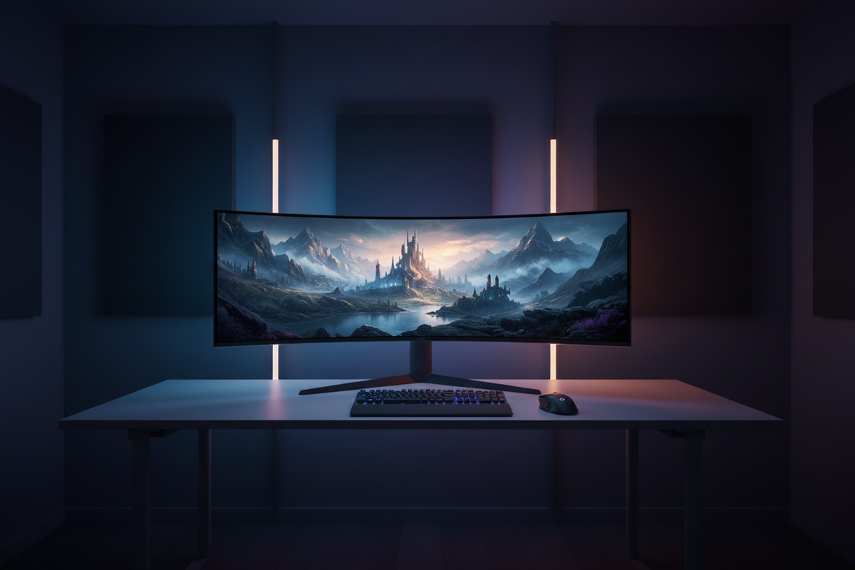 A high-tech gaming desk setup featuring a large 1500R curved ultrawide monitor showing an immersive game environment with realistic lighting.