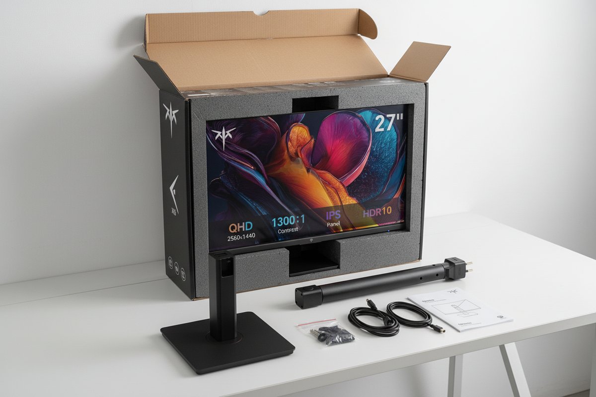 Ergonomic monitor unboxing showing stand, cables, and VESA components on a desk setup