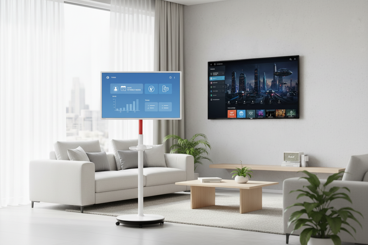 A comparison between a large mobile touchscreen display on a rolling stand and a stationary smart monitor in a modern home environment.