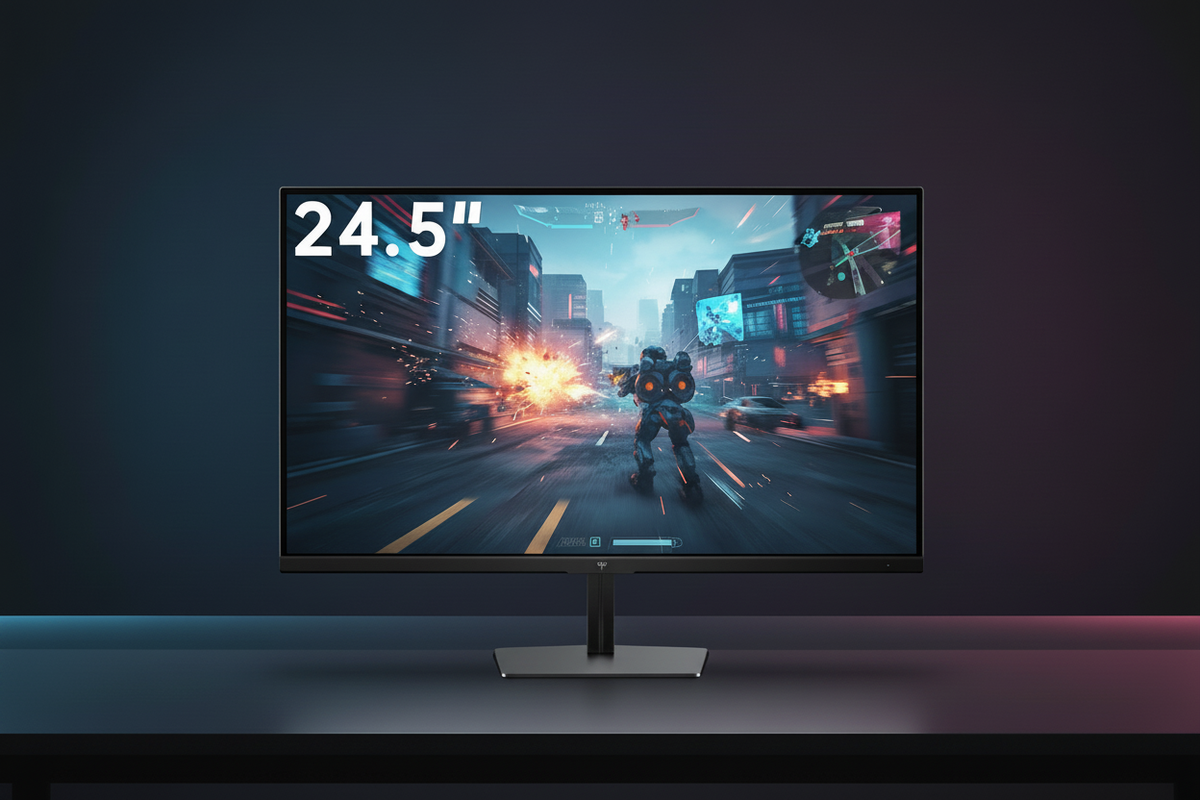 A sleek 24.5-inch high-refresh-rate gaming monitor on a minimalist desk in a dark esports-themed room with RGB lighting, showing a fast-paced action game on screen.