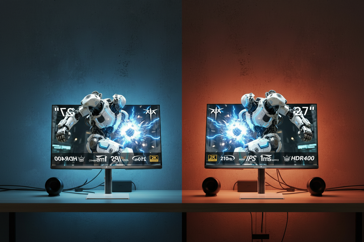 A side-by-side comparison of a clean gaming desk setup with a single monitor versus a setup with external speakers and visible cable clutter.
