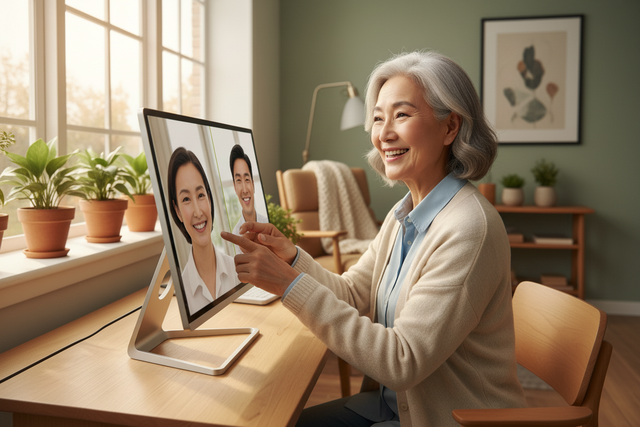 A senior person smiling while using a large touch monitor for a video call in a sunlit living room.