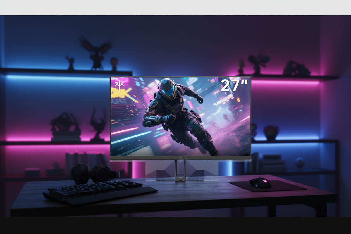 A gaming monitor on a dark desk in an esports-themed room, showing a fast-paced game with motion blur.