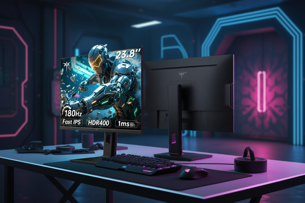 A sleek 27-inch gaming monitor with thin bezels and RGB accents shown from both front and back angles on a modern desk with cyberpunk neon lighting.