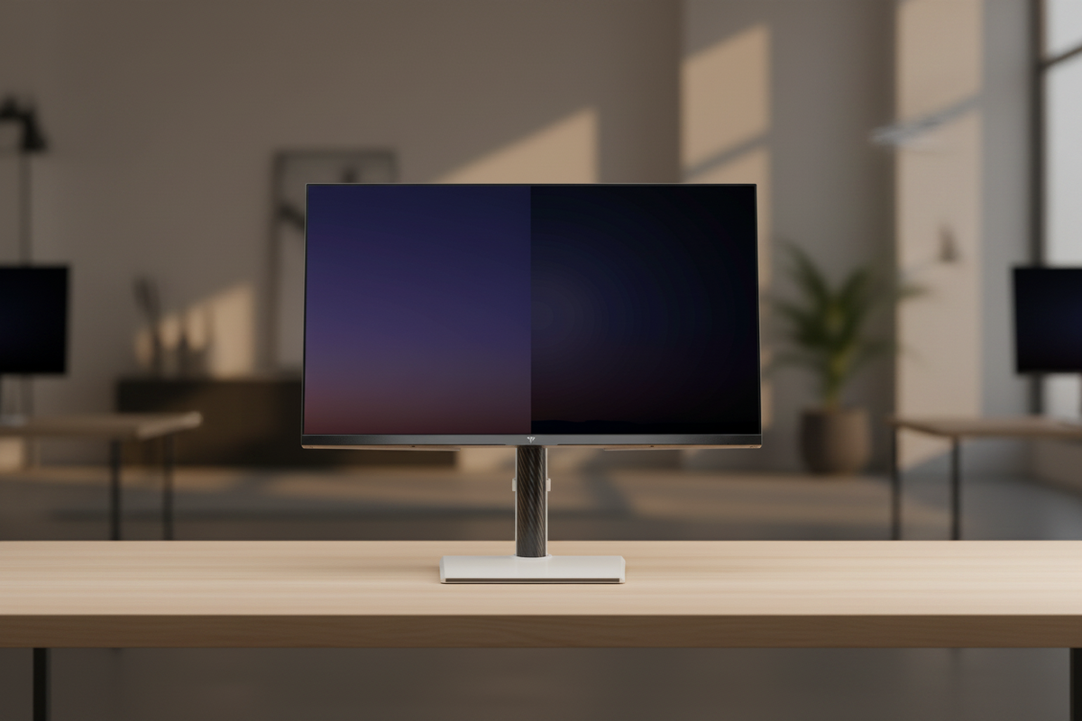 A side-by-side comparison on a professional gaming monitor showing a smooth 10-bit color gradient versus visible 8-bit color banding in a dark scene, set in a modern workspace.
