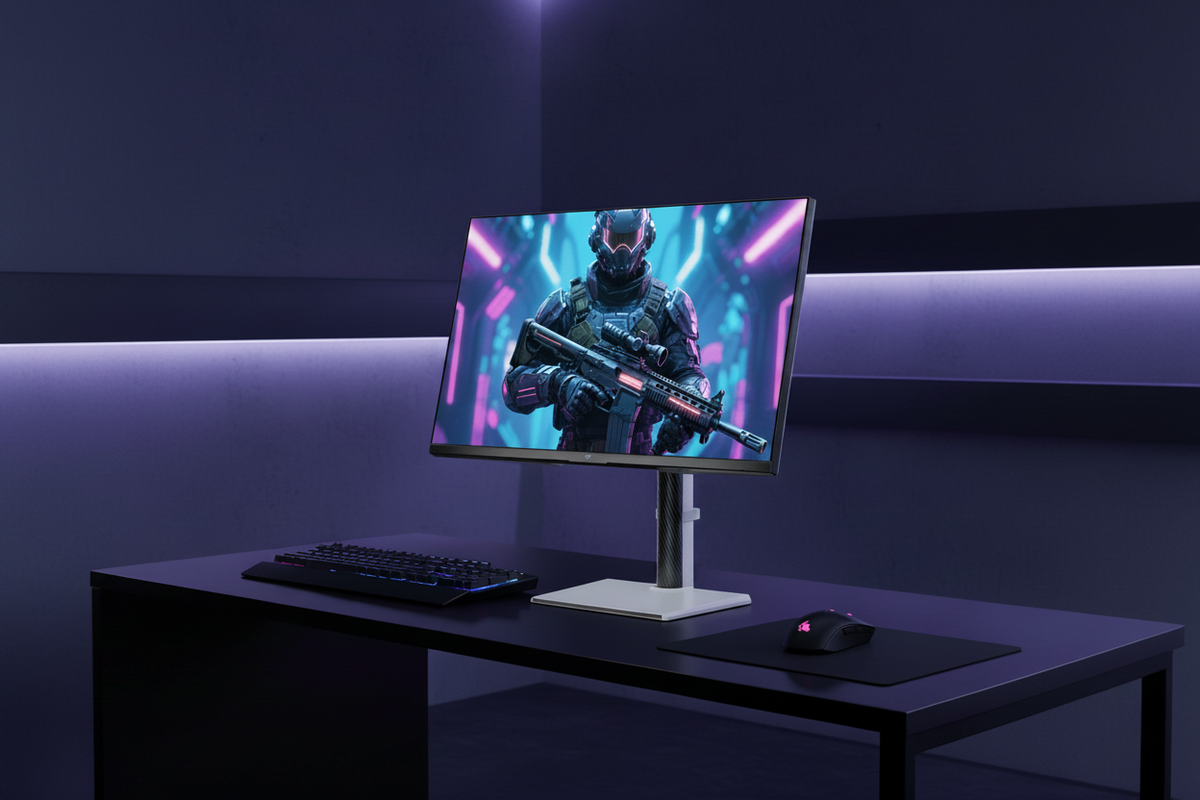 A sleek 27-inch gaming monitor on a modern desk, featuring a vibrant HDR game scene with dramatic highlights and deep shadows.