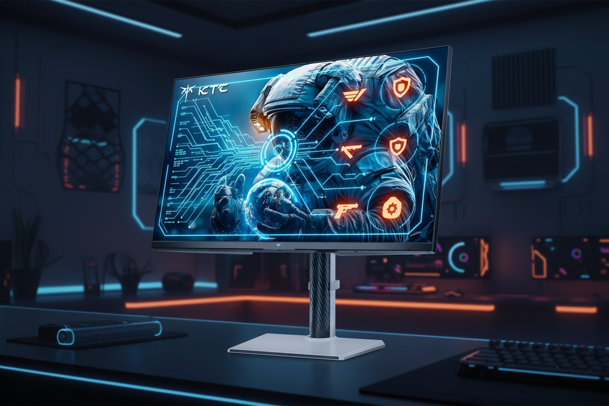 A futuristic digital interface overlaying a gaming monitor, visually translating complex technical specifications into simple, intuitive icons representing speed and color depth.