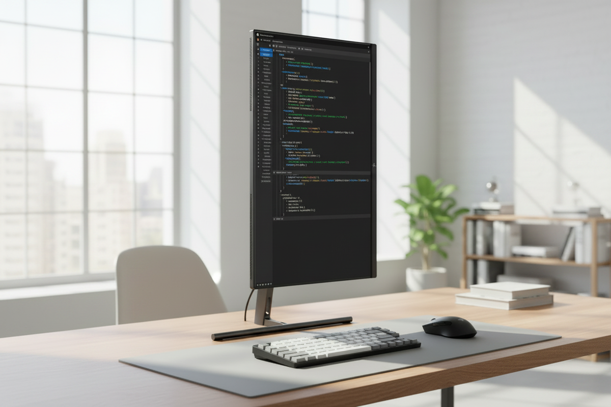 A professional developer workspace featuring a vertical monitor showing lines of code, set in a modern office with natural lighting.