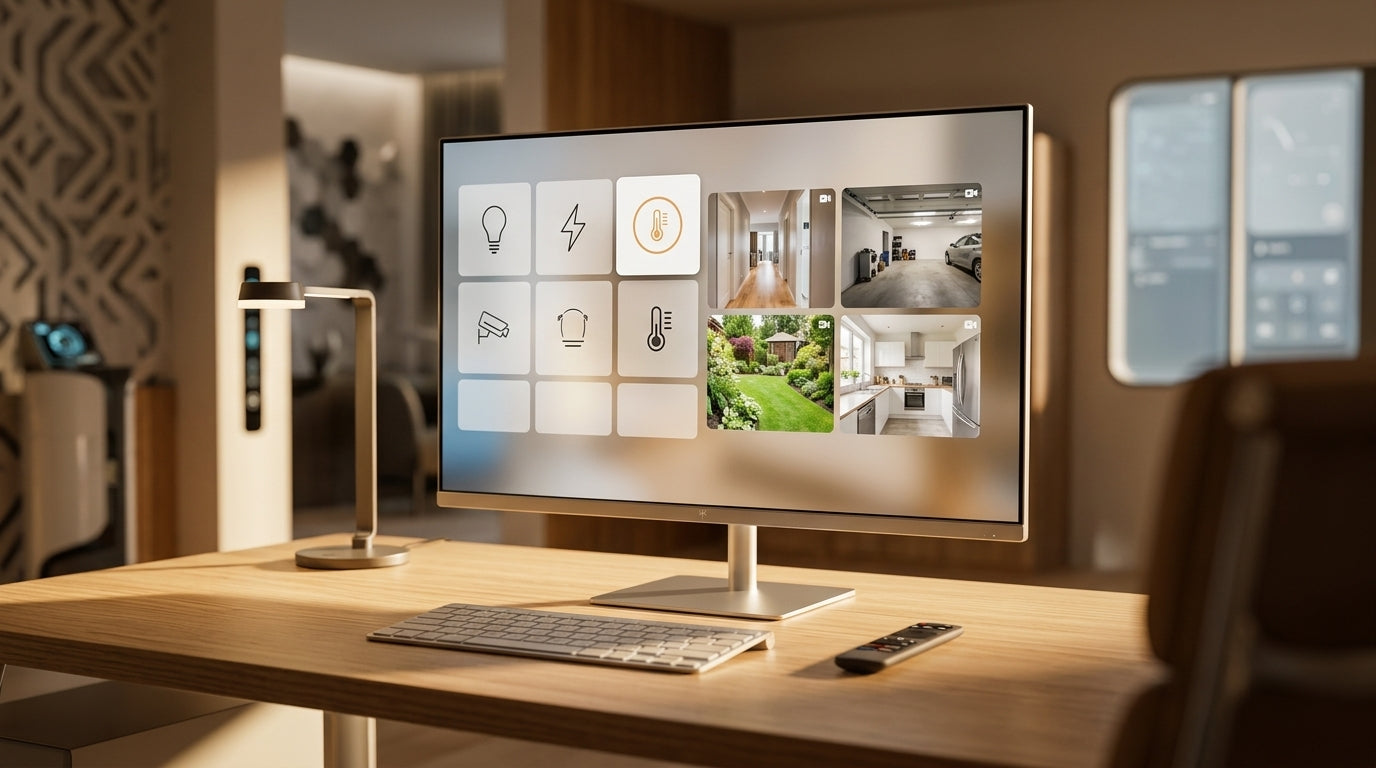 A 32-inch KTC A32Q8 smart monitor on a modern home office desk, displaying a smart home dashboard with security camera feeds and climate controls in a warm, professional setting.