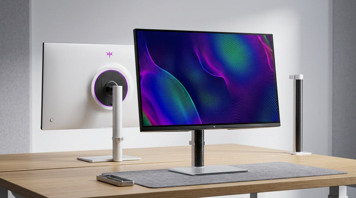 A modern OLED monitor in a minimalist creative workspace, displaying vibrant colors and sharp visual details on a high-resolution screen.