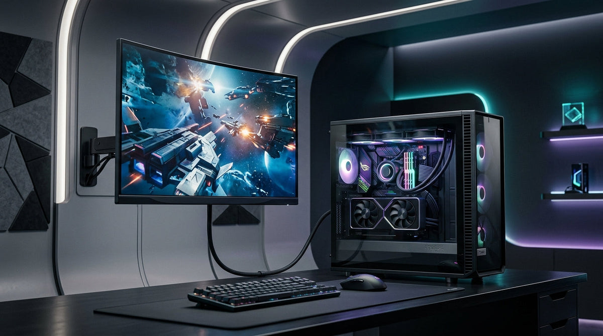 A dramatic 2026 high-end gaming PC setup featuring a powerful RTX 6090 Ti graphics card and a 4K 240Hz monitor connected via a premium DisplayPort cable, set in a clean, futuristic room with RGB lighting.