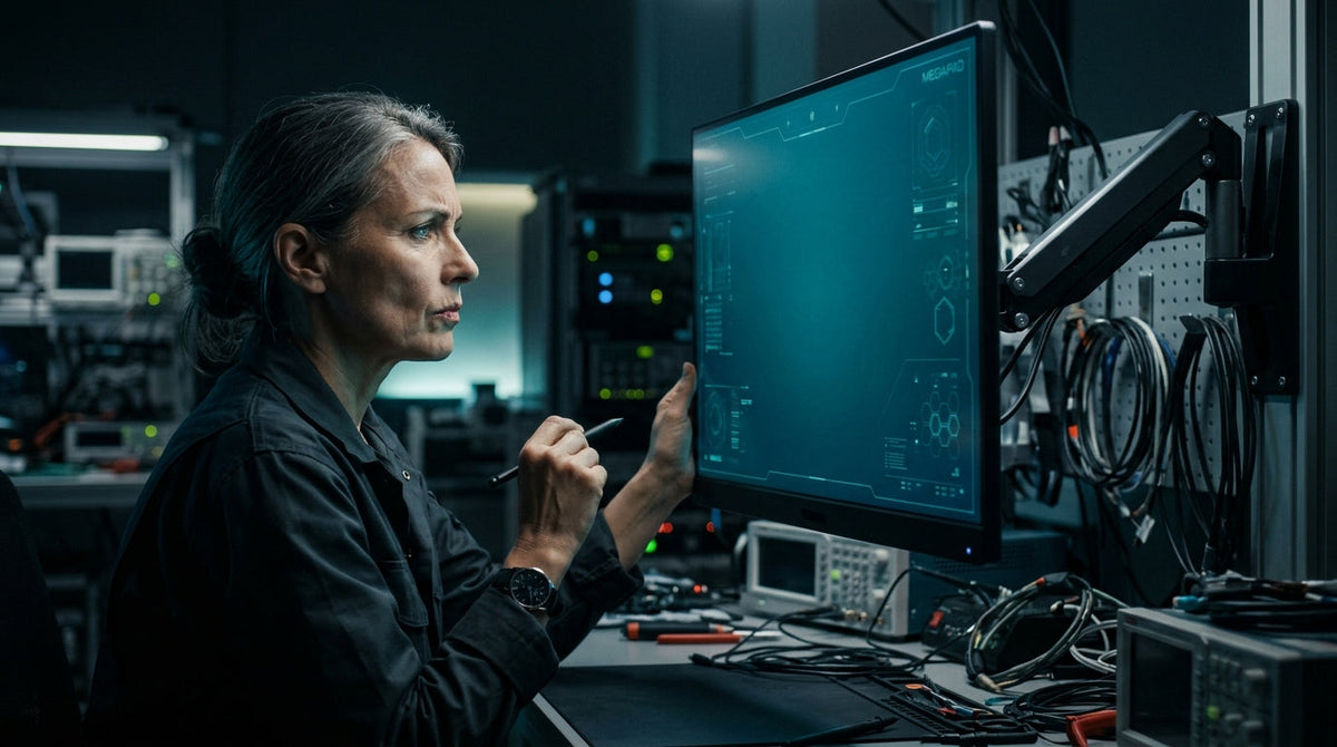 A professional tech inspector in a dark laboratory skeptically examining a computer monitor screen for quality defects, with subtle digital quality indicators.