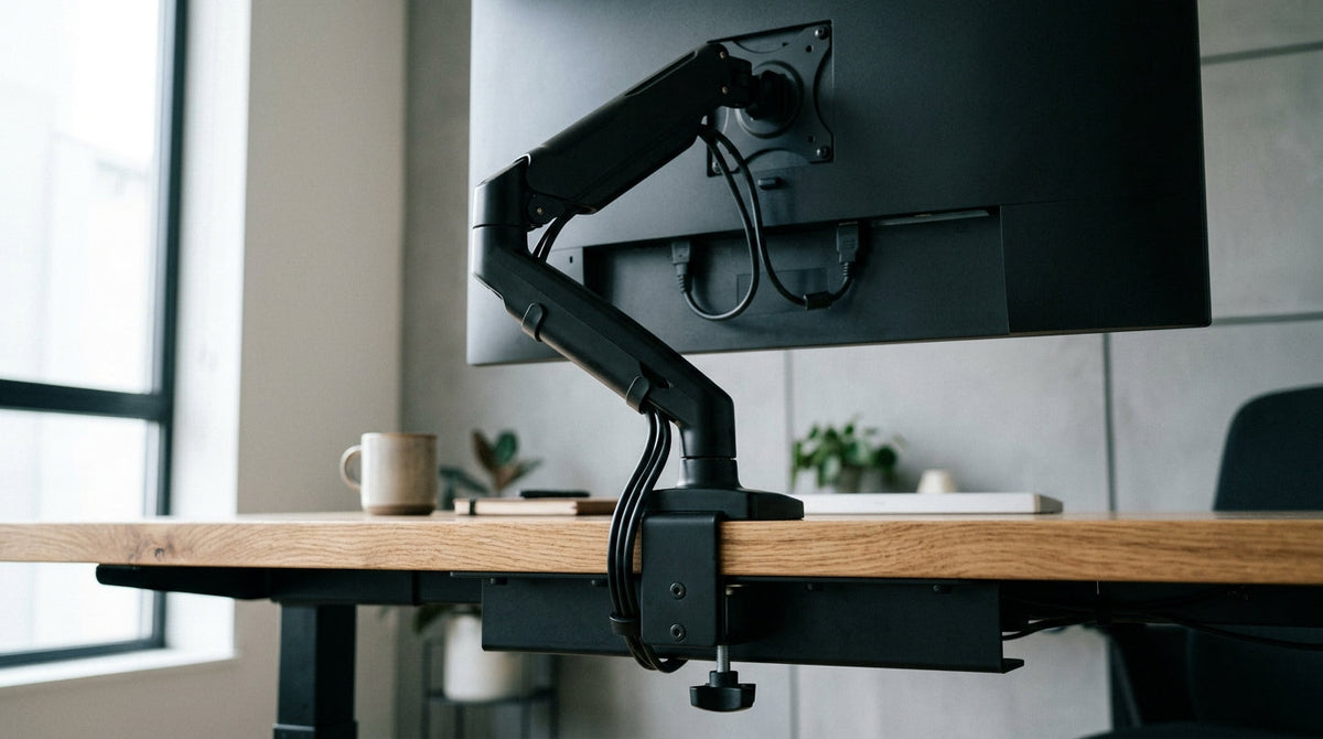 A professional home office setup featuring a 32-inch 4K monitor mounted on a heavy-duty mechanical arm, showing clean cable management and a steel reinforcement plate at the desk edge.