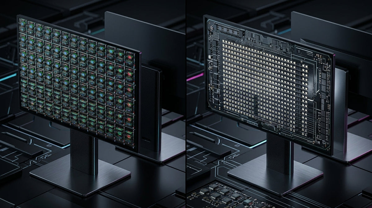 A dramatic, abstract side-by-side comparison of OLED and Mini-LED panel structures, featuring self-emissive pixel grids and dense backlight arrays in a dark tech aesthetic.