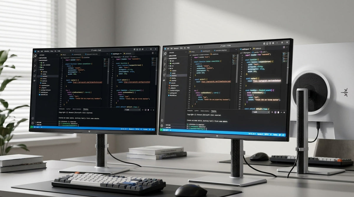 Side-by-side comparison of two professional 27-inch monitors on a desk displaying code with different panel technologies.