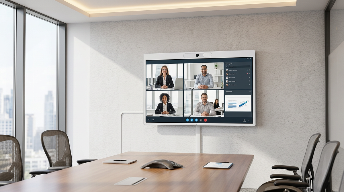 A professional 4K smart display mounted in a modern boardroom, featuring an integrated webcam with a visible physical privacy shutter at the top.