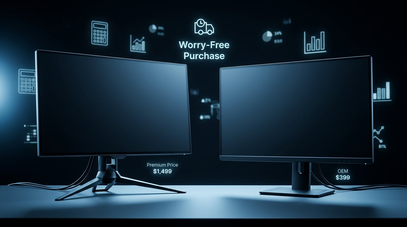 A comparison between a premium branded gaming monitor and an OEM-direct equivalent, showing a significant price difference through visual indicators.