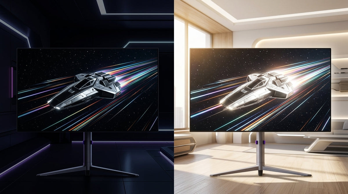 A split-screen comparison showing a futuristic OLED gaming setup in a dark room with sharp motion trails on the left, and a bright-room Mini-LED setup with high-intensity brightness and subtle haloing effects on the right.