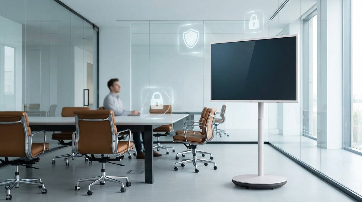 A large mobile interactive touch screen on a rolling stand in a modern 2026 smart office meeting room with subtle digital security icons.