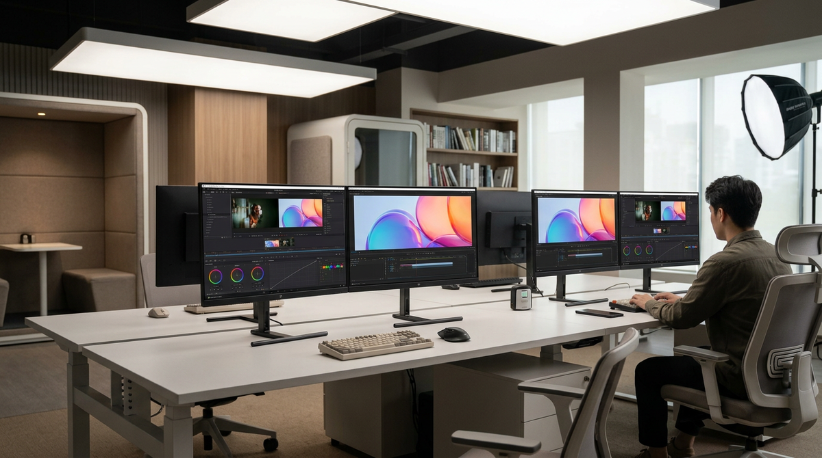 A professional creative agency studio featuring multiple identical high-resolution monitors on minimalist designer desks with professional workstations in a modern office.
