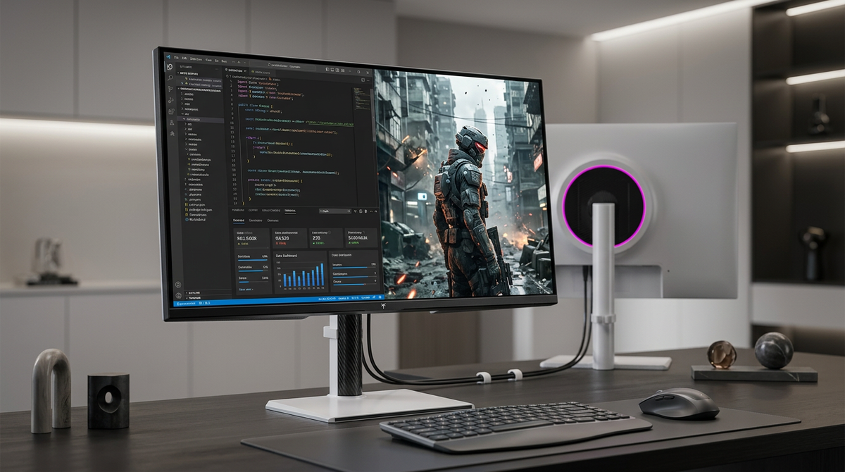 A professional desk setup featuring a high-end 27-inch Mini-LED monitor showing a split screen of work applications and a vivid game scene in a futuristic 2026 office environment.