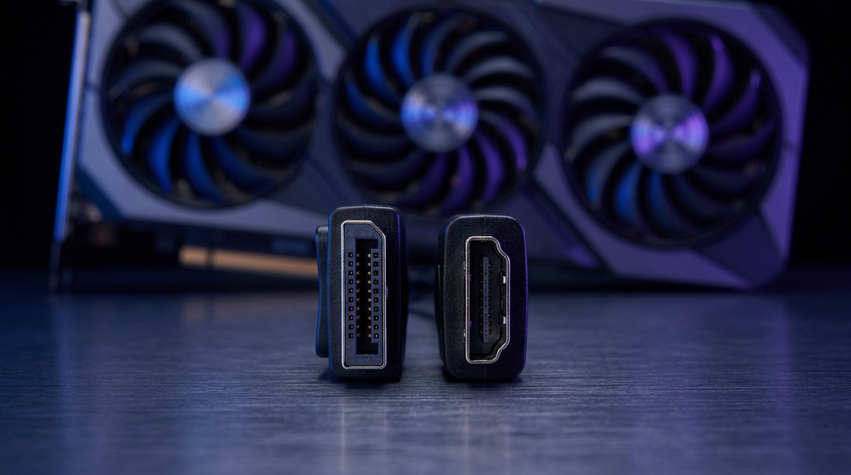 Close-up of DisplayPort and HDMI connectors positioned side-by-side with a high-end graphics card in a dark, neon-lit gaming environment.
