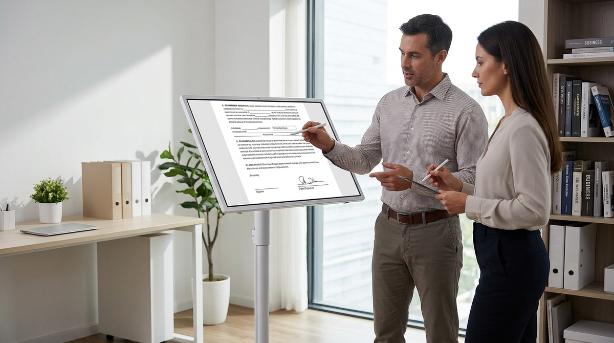 A professional notary using a large rolling touchscreen display as a digital lectern during an in-home signing session with a client.
