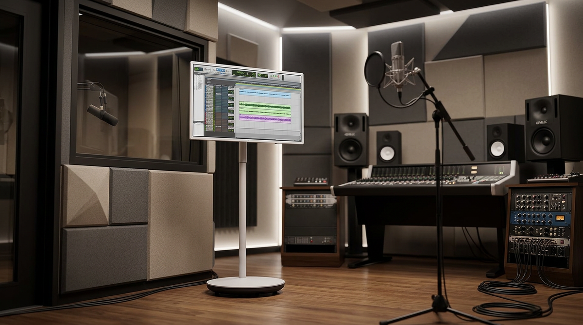 A large rolling touch screen monitor in a professional music studio environment, positioned near a vocal booth and showing a digital audio workstation interface.