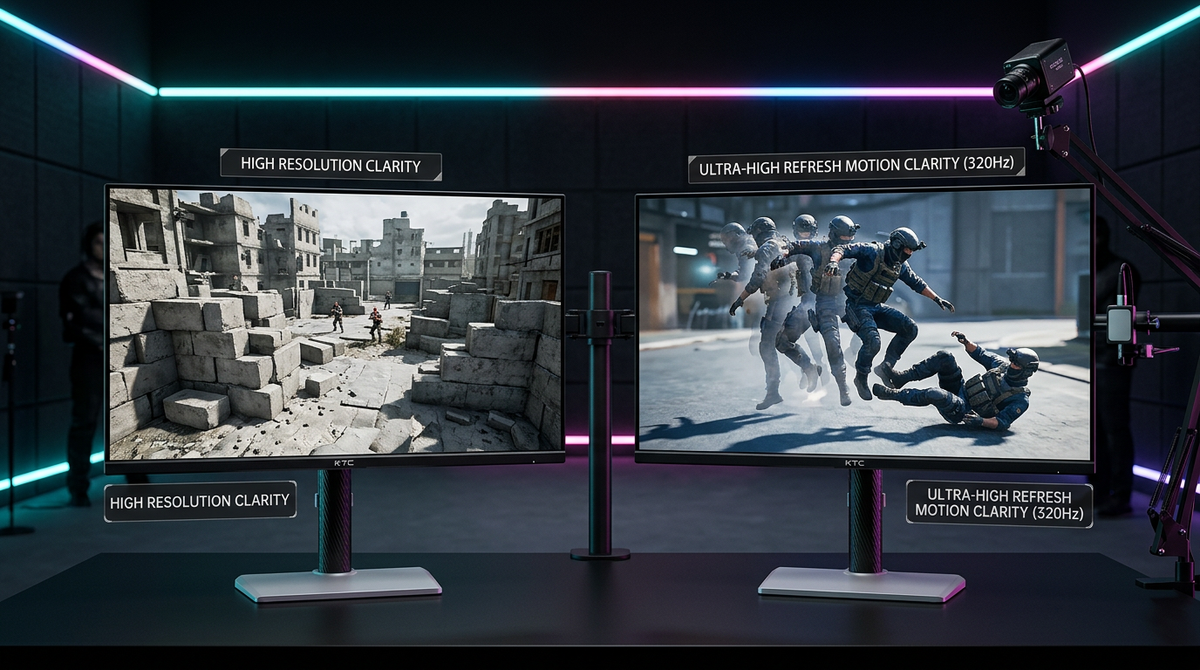 Comparison of a sharp high-resolution monitor scene and a fast high-refresh motion scene.