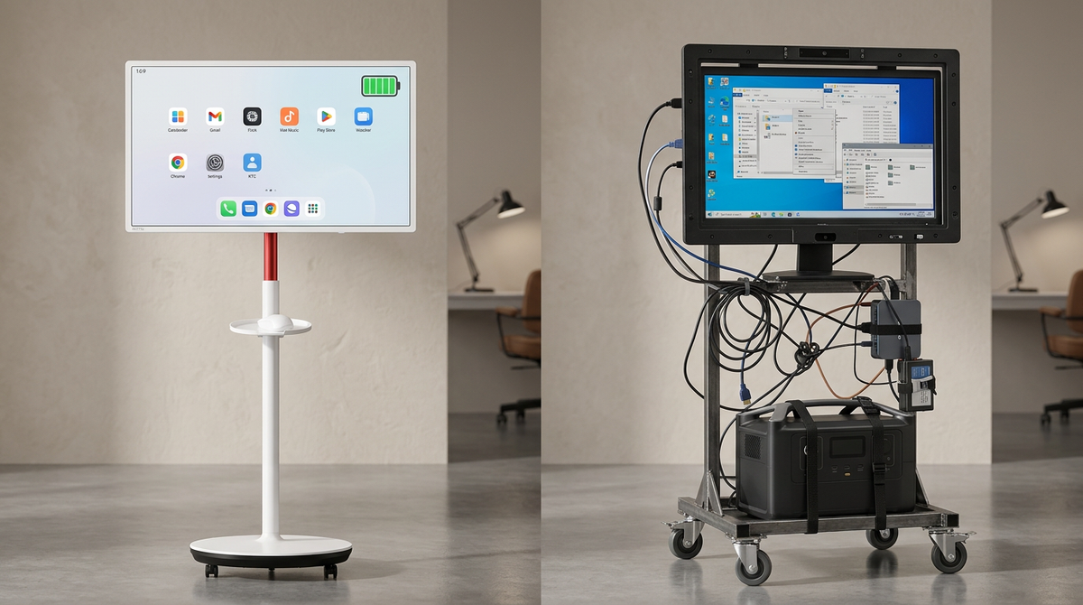 A side-by-side comparison of a sleek integrated smart display on a slim rolling stand versus a cluttered DIY setup with a monitor, external power station, and messy cables on a cart.