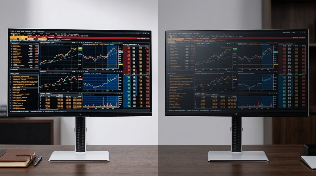 A side-by-side comparison of two computer monitors in a trading setup, highlighting the difference in brightness and text sharpness for dense stock charts and price ladders.