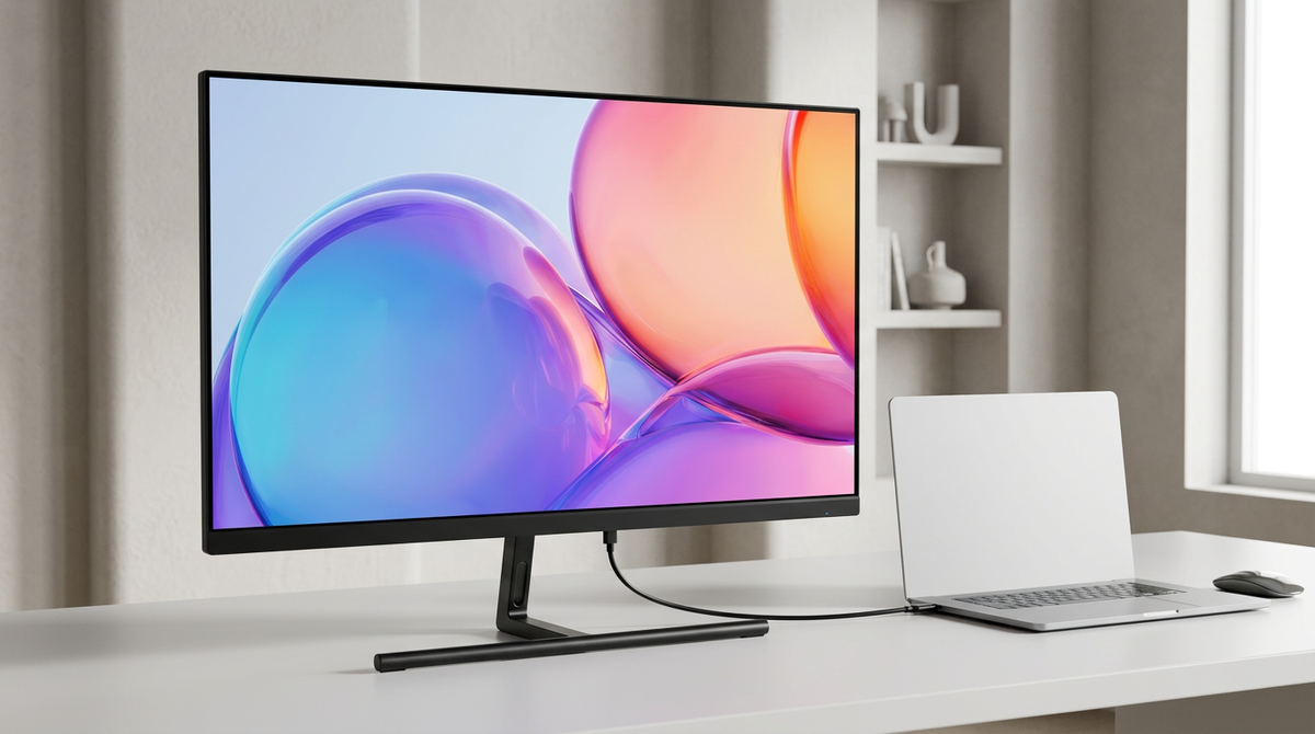 A professional creator workstation featuring a high-resolution monitor on an ergonomic stand, connected to a laptop with a single cable, showcasing a clean and organized workspace for creative design.