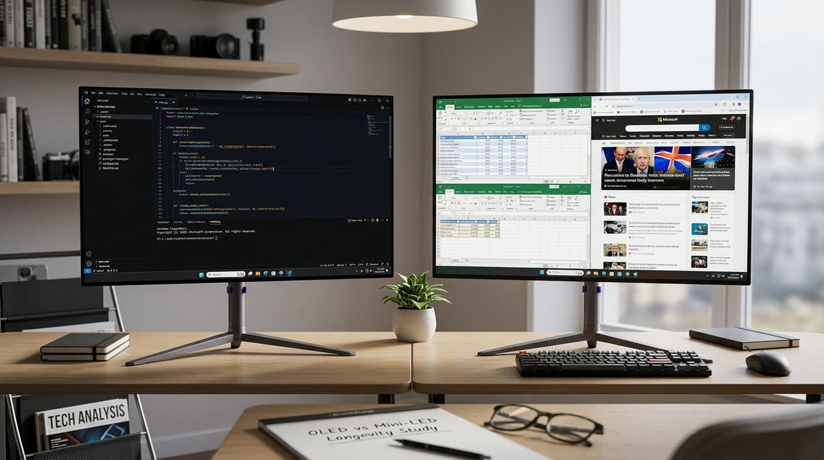 Side-by-side desk comparison of a Tandem OLED monitor and a 2304-zone Mini-LED monitor in a mixed-light office, emphasizing long-session productivity use.