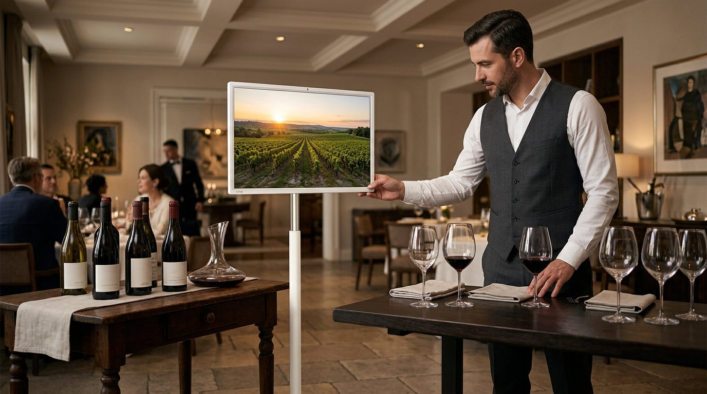 Rolling digital display beside a sommelier setup in a luxury dining room
