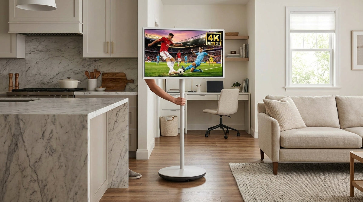 Rolling smart display moving between kitchen, living room, and home office settings in a modern US home