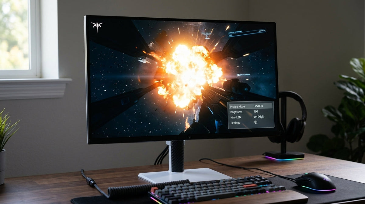 Mini-LED monitor displaying an HDR game scene with bright highlights and dark shadows