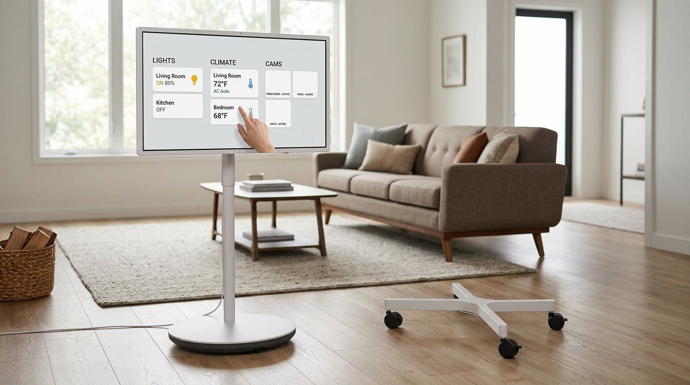 A rolling smart display used as a home control center with smart-home tiles on screen