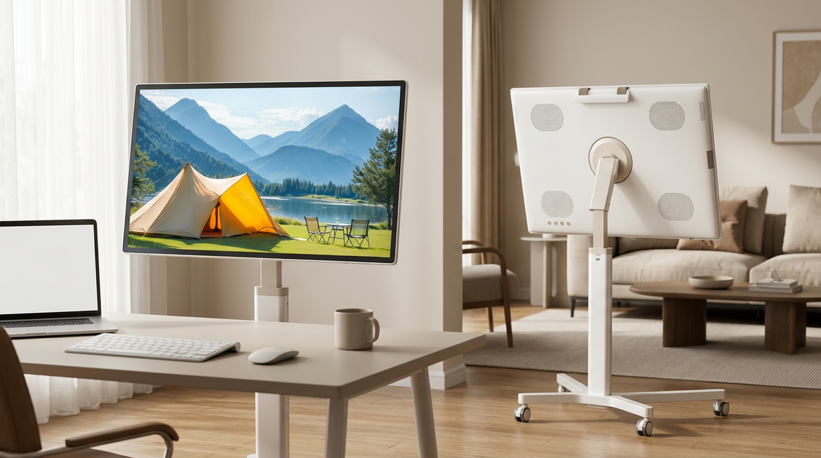 MegPad rolling smart display in a hybrid home office and living room setup